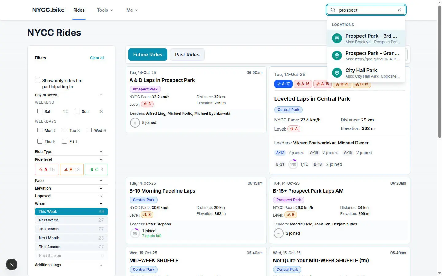 Global search interface showing rider and location results