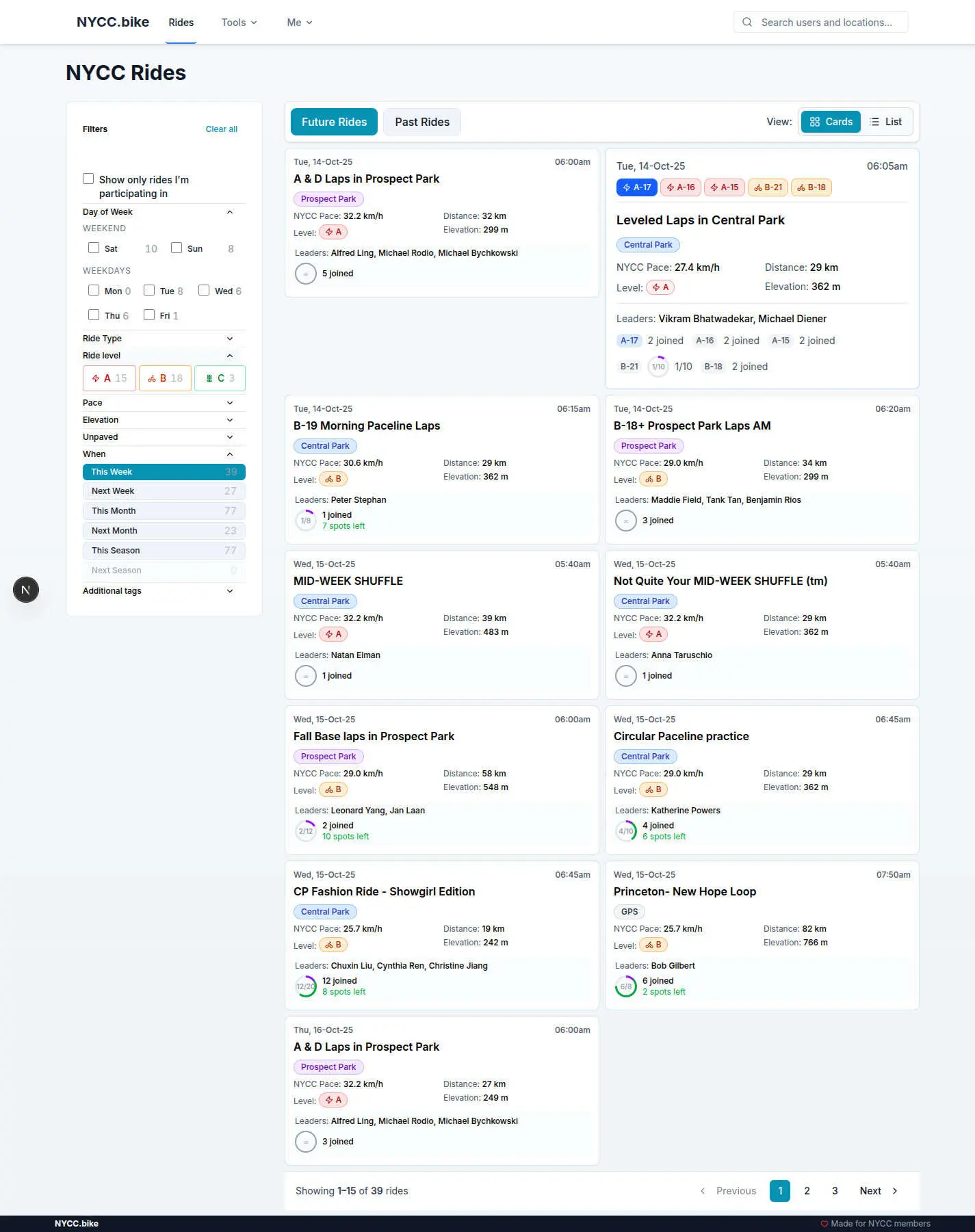 Rides platform browse view showing ride filters and listings